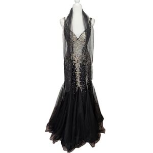 Aspeed Vintage Black Silver Iridescent Bejeweled Sequin Evening Dress Gown Small